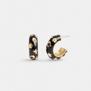 Coach Enamel Signature Floral Huggie Earrings Gold/Black | 258-WVPUXH