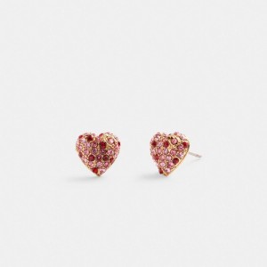 Coach Pavé Heart Stud Earrings Gold/Pink Multi | 157-PSDBEW