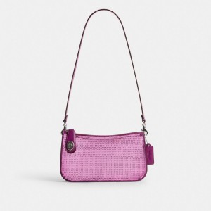 Coach Penn Shoulder Bag With Sequins Calf Leather/Silver/Dark Magenta | 048-XNLDWT