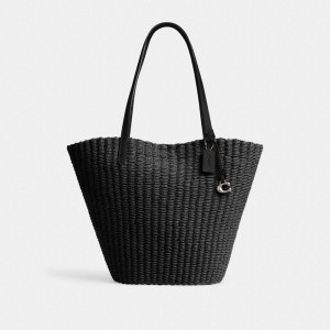 Coach Straw Tote Silver/Black | 936-PVUAFW