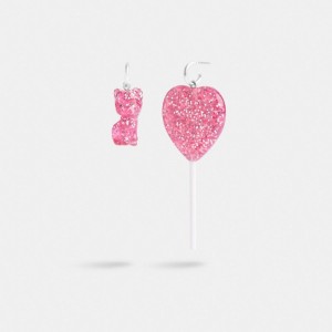 Coach The Lil Nas X Drop Cat And Heart Lollipop Mismatch Earrings Silver/Pink | 345-SGWPNI