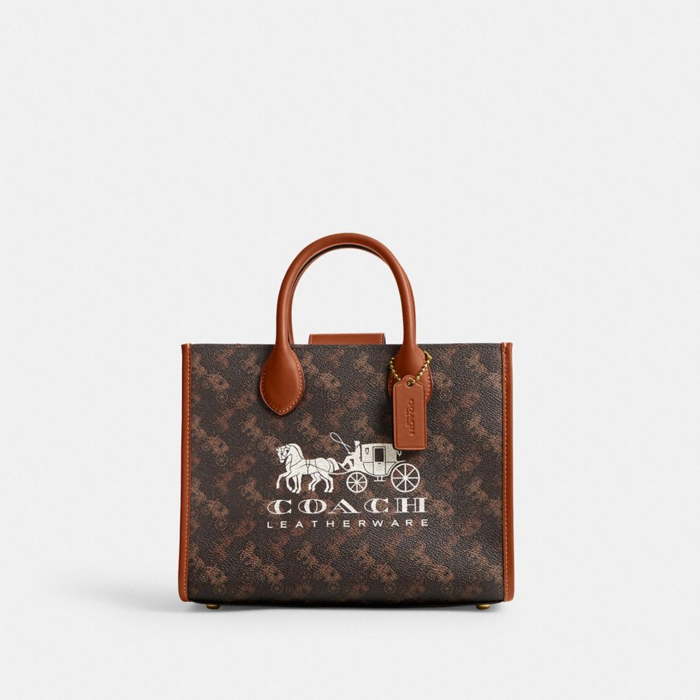 Coach Ace Tote 26 With Horse And Carriage Print Brass/Truffle Burnished Amber | 905-WVJPIE