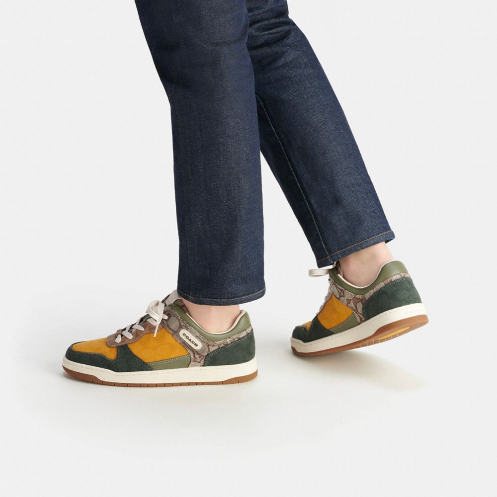 Coach C201 Sneaker In Mixed Signature Fabric Oak/Buttercup/Amazon Green | 147-RXKTGN