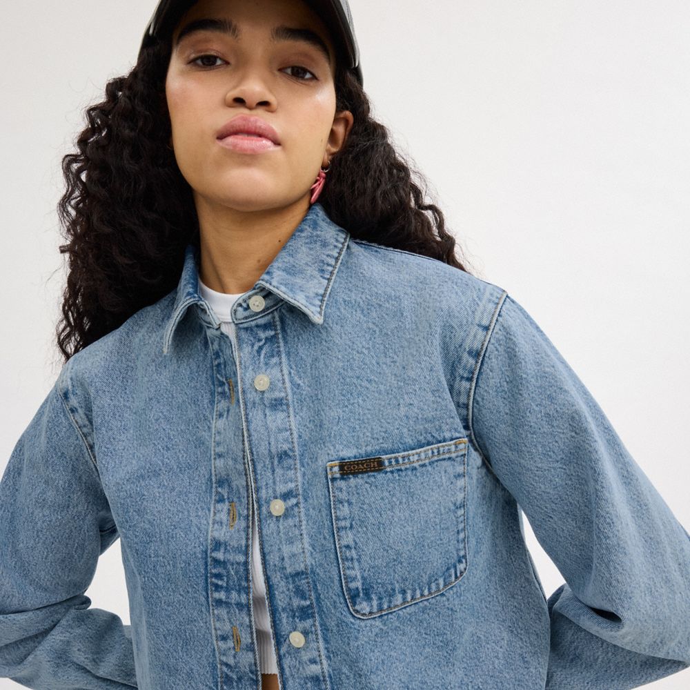 Coach Cropped Denim Button Down Blue | 506-HLFUAT