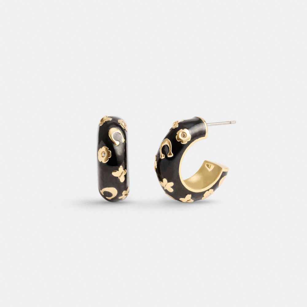 Coach Enamel Signature Floral Huggie Earrings Gold/Black | 258-WVPUXH