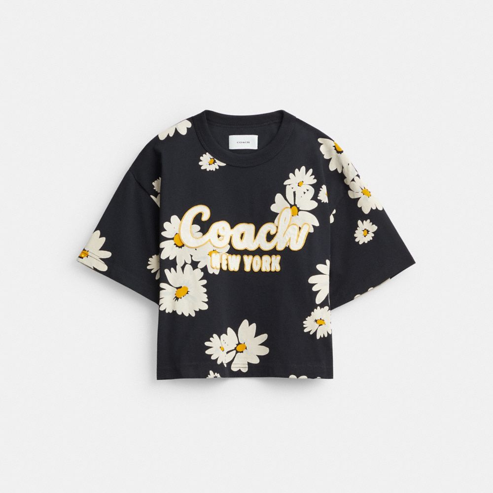 Coach Floral Cropped Signature Script T Shirt In Organic Cotton Black | 830-HLNYUG