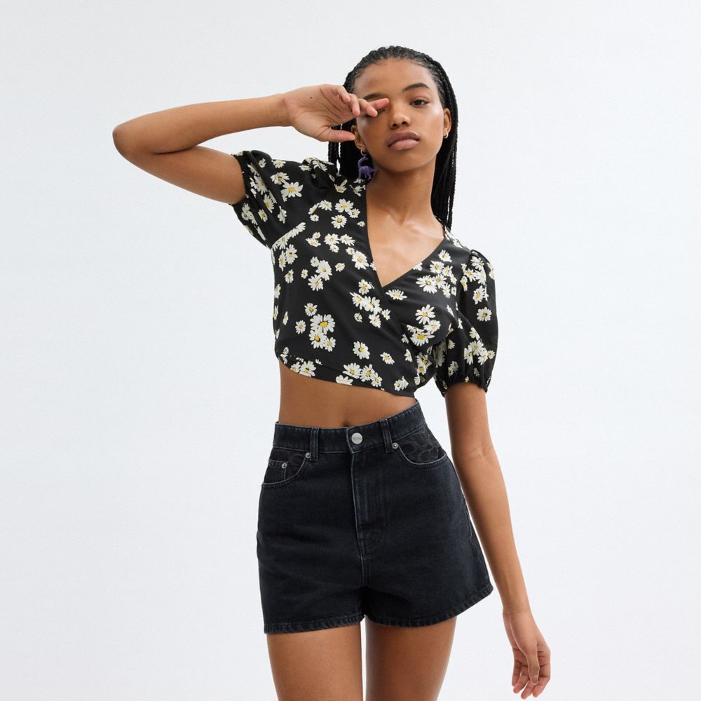 Coach Floral Wrap Blouse Black | 907-FSJDGX