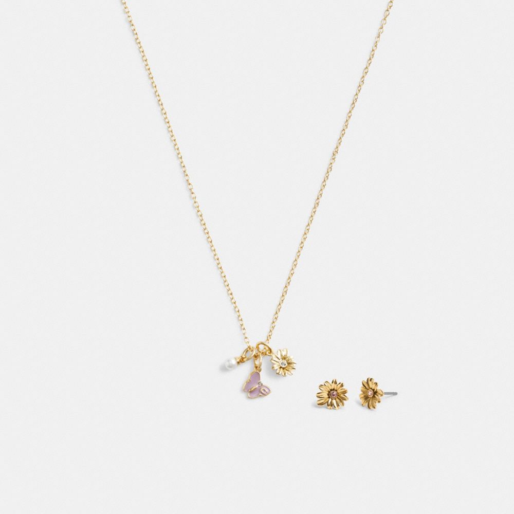 Coach Garden Charms Pendant Necklace And Earrings Set Gold/Multi | 873-PCXGNM