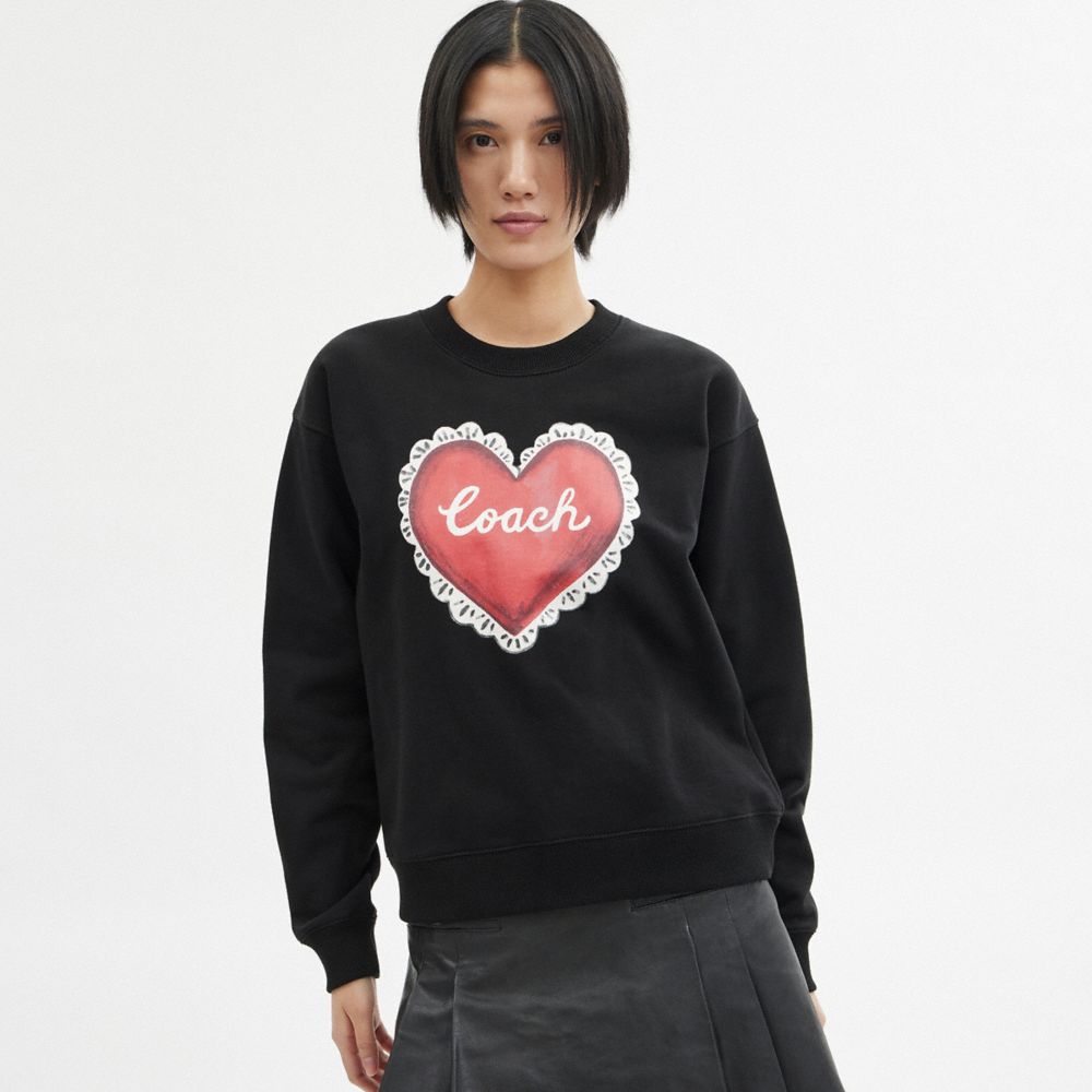 Coach Heart Crewneck Sweater Black | 097-UCJMRD