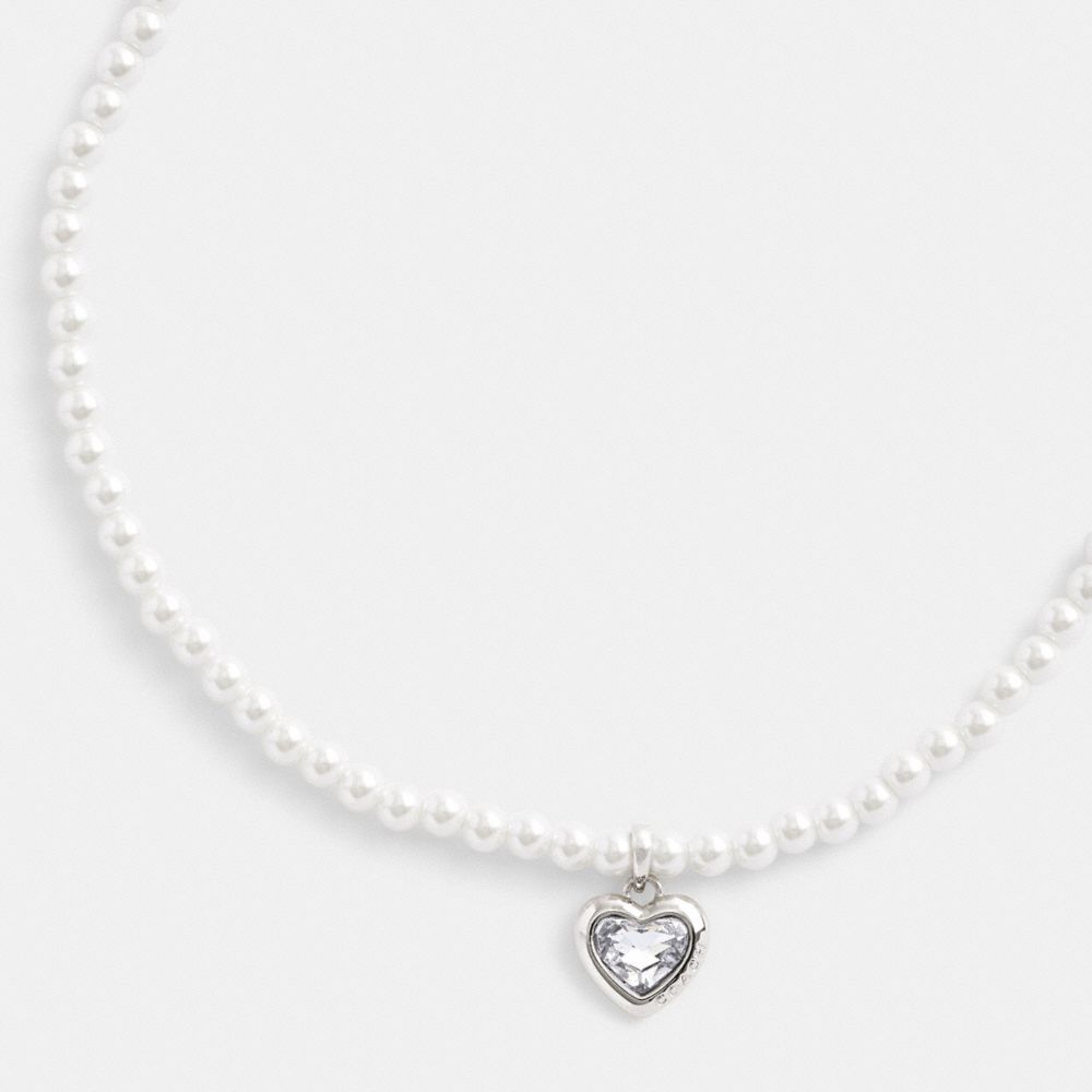 Coach Heart Pearl Choker Necklace Silver & Clear | 962-OBXJVP