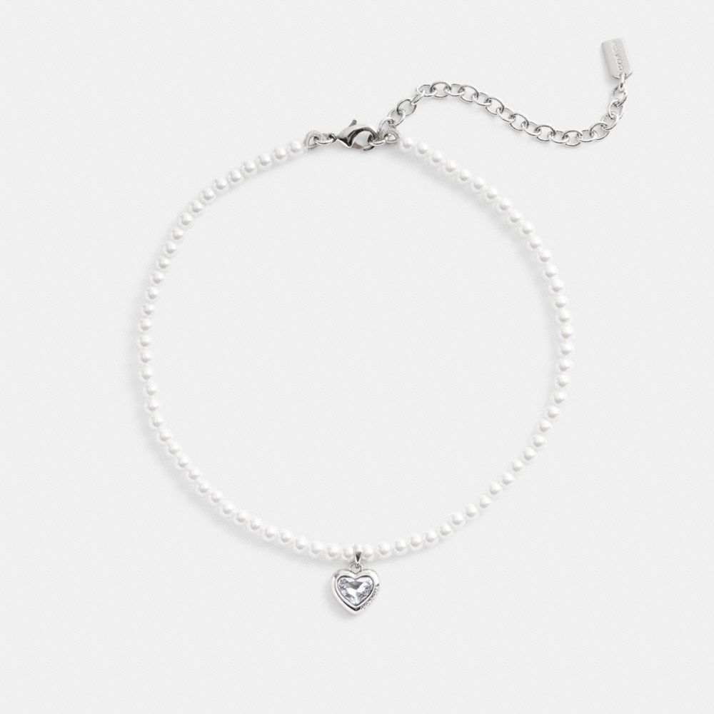 Coach Heart Pearl Choker Necklace Silver & Clear | 962-OBXJVP