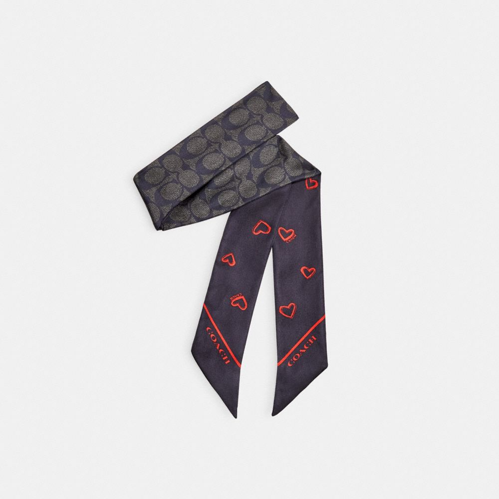 Coach Hearts Print Silk Skinny Scarf Black/Red | 523-MNCBOG