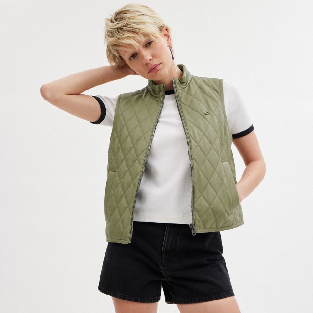 Coach Leather Quilted Vest Green | 729-POYWGA