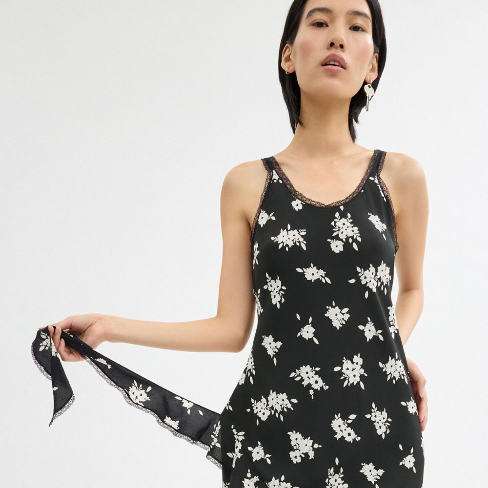 Coach Long Floral Ruffle Dress Black/White Multi | 408-OWKIJN