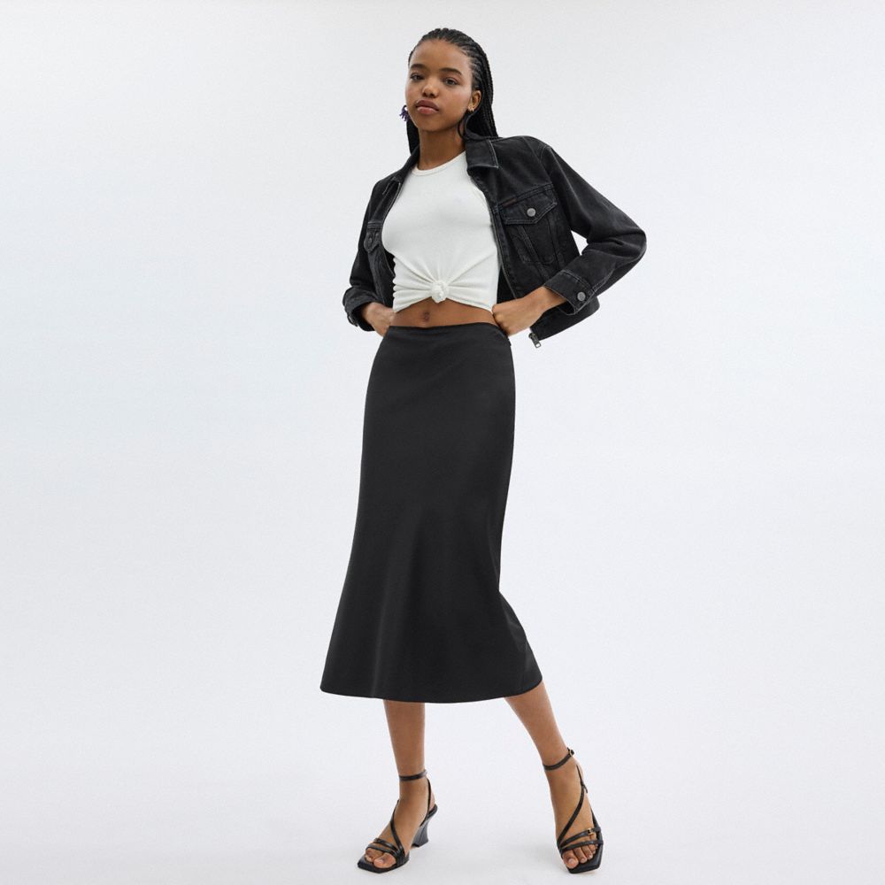 Coach Long Satin Midi Skirt Black | 754-PNWXZL