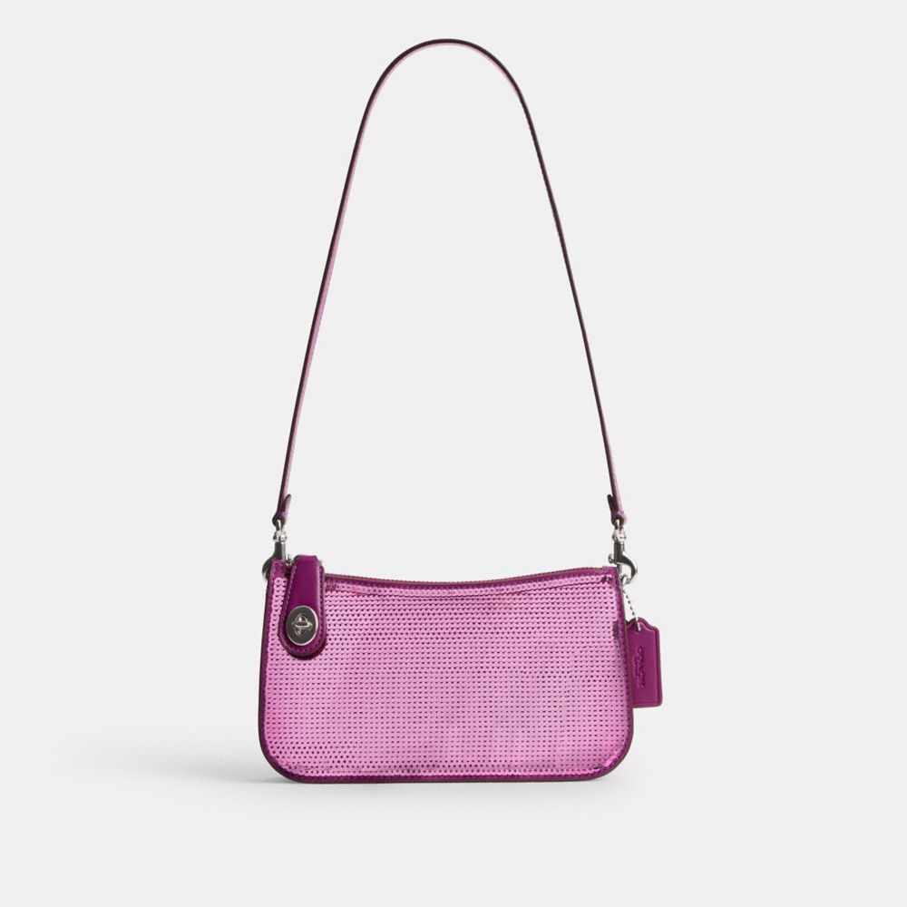 Coach Penn Shoulder Bag With Sequins Calf Leather/Silver/Dark Magenta | 048-XNLDWT