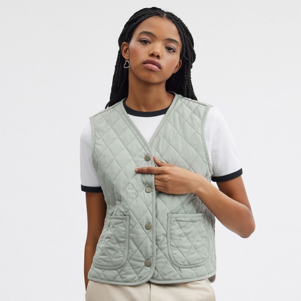 Coach Quilted Vest Green | 906-GXNJSI