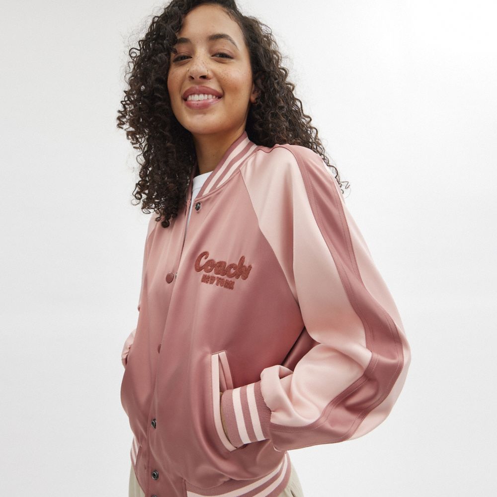 Coach Satin Varsity Jacket Pink | 284-VLPTFI