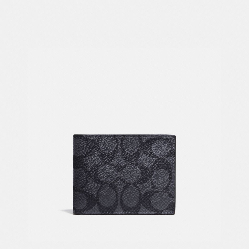 Coach Slim Billfold Wallet In Signature Canvas Signature Coated Canvas/Smooth Leather/Charcoal/Black | 104-YIBMTS