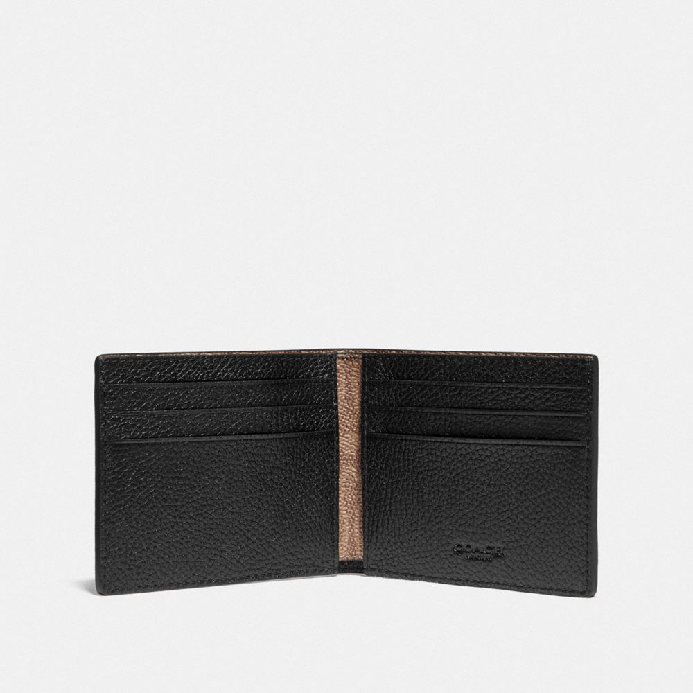 Coach Slim Billfold Wallet With Signature Canvas Detail Pebble Leather/Signature Coated Canvas/Black/Khaki | 601-WUNESB