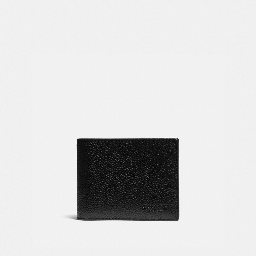 Coach Slim Billfold Wallet With Signature Canvas Detail Pebble Leather/Signature Coated Canvas/Black/Khaki | 601-WUNESB