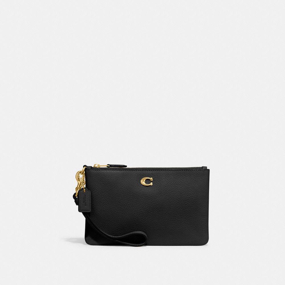 Coach Small Wristlet Polished Pebble Leather/Brass/Black | 942-LPXAVH