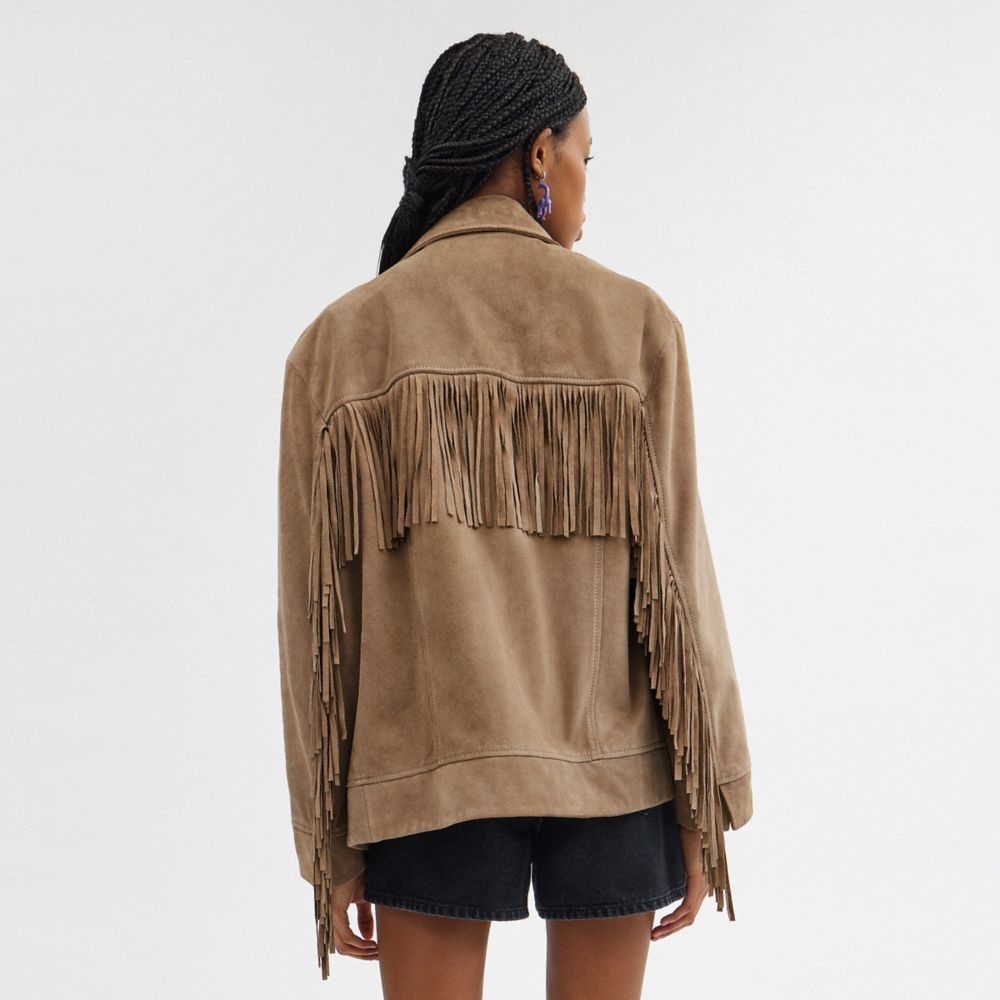 Coach Suede Fringe Jacket Dark Beige | 872-NXRZMT